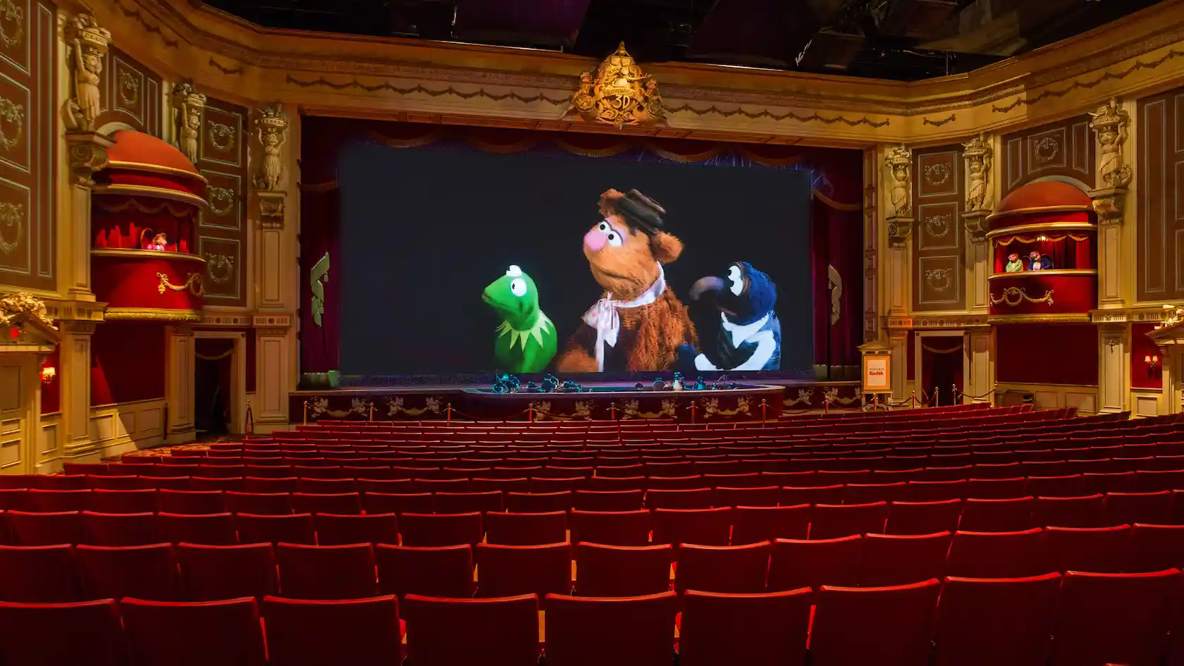 Kermit, Fozzy and Gonzo at Muppet Vision show on screen