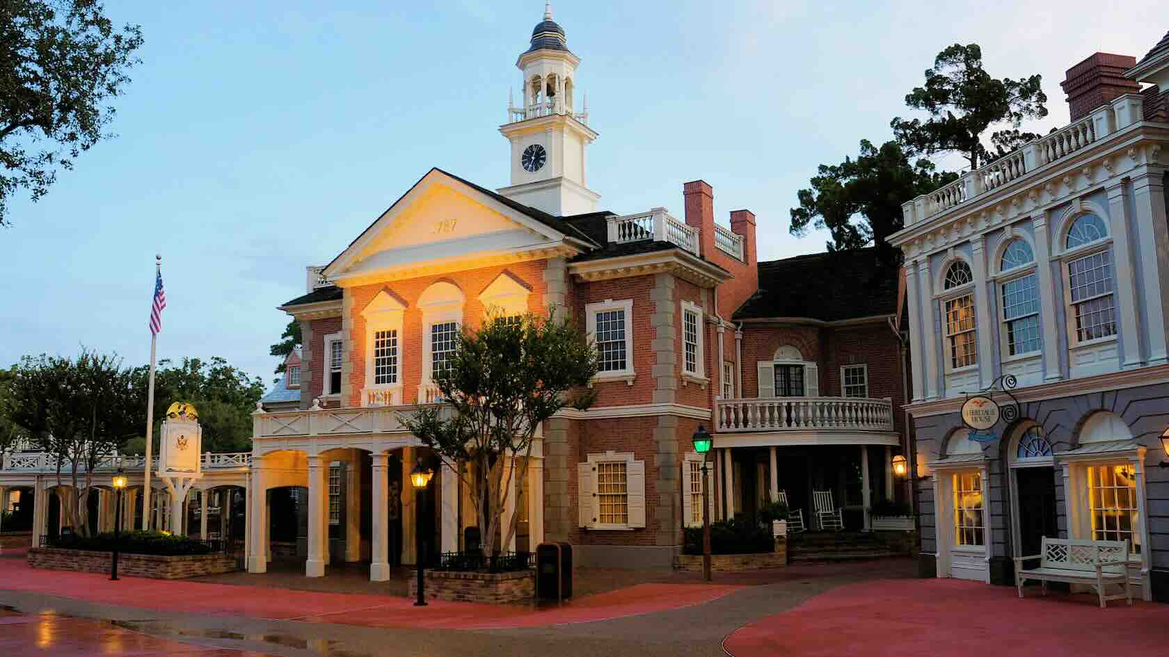 The outside facade of the Hall of Presidents