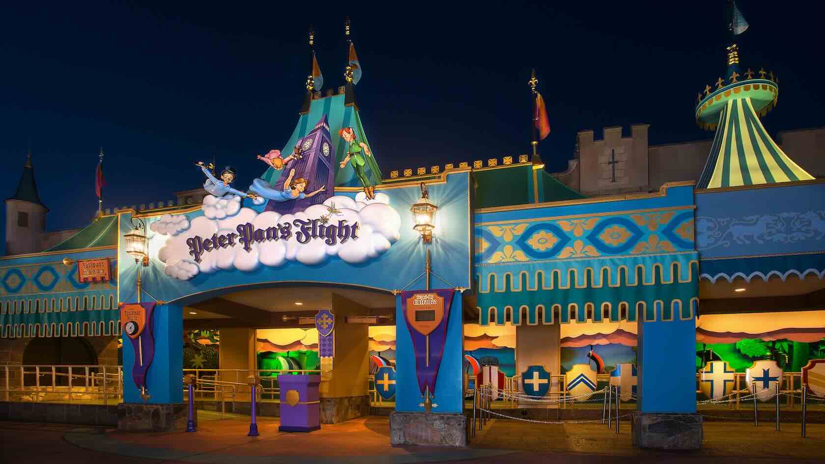 The outer facade of Peter Pan's Flight at night