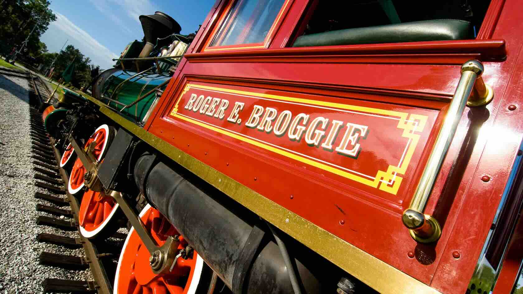 The red and green train going through Magic Kingdom