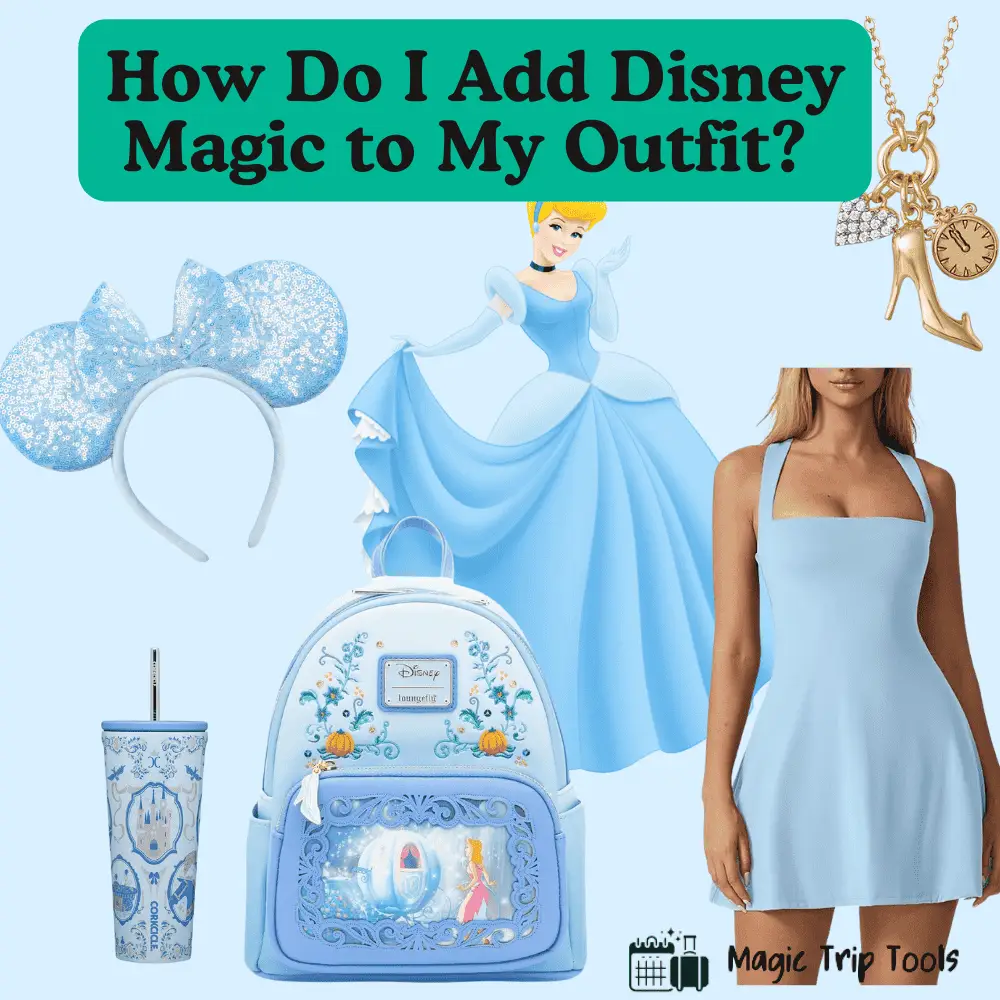 How do I add Disney magic to my outfit? Featuring Cinderella-themed accessories like Minnie ears, a Loungefly backpack, and a Cinderella necklace for a magical look.