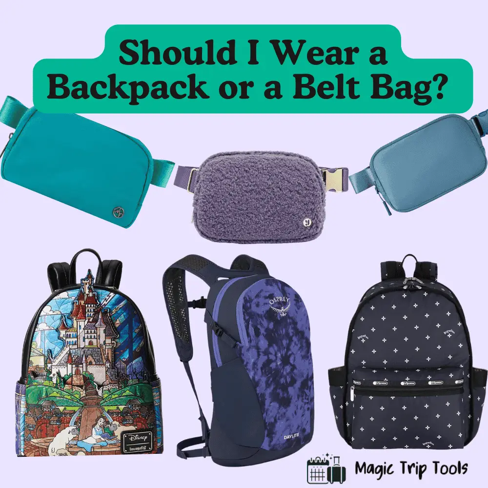 Should I wear a backpack or belt bag to Disney World? Featuring options like a Disney-themed backpack, Osprey Daylite pack, and stylish belt bags for convenience and comfort.