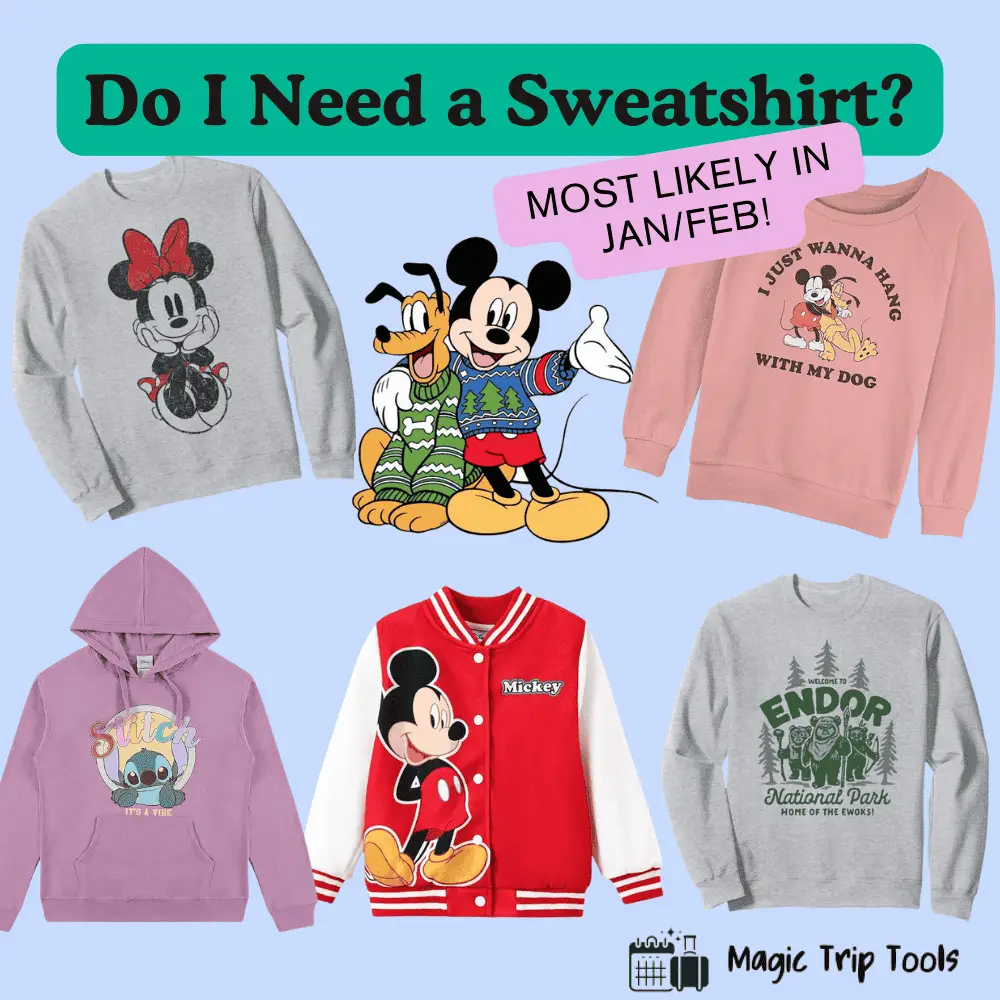 Do I Need a Sweatshirt at Disney World? Featuring cozy options with Mickey Mouse, Minnie, Stitch, and Ewok designs, ideal for January and February trips.