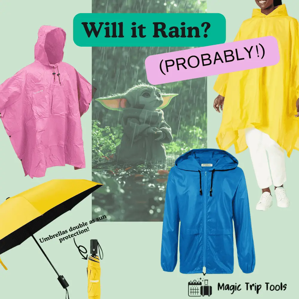 Will it rain at Disney World? Featuring ponchos, umbrellas, and rain jackets with a Baby Yoda image, perfect for staying dry during rainy park days.