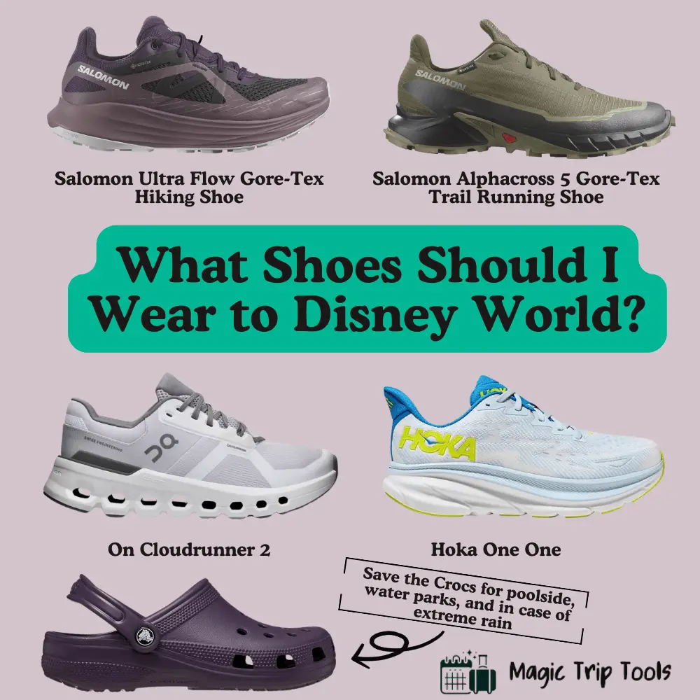 What Shoes Should I Wear to Disney World? Featuring supportive options like Salomon Ultra Flow, Salomon Alphacross, On Cloudrunner 2, Hoka One One, and Crocs for water parks.