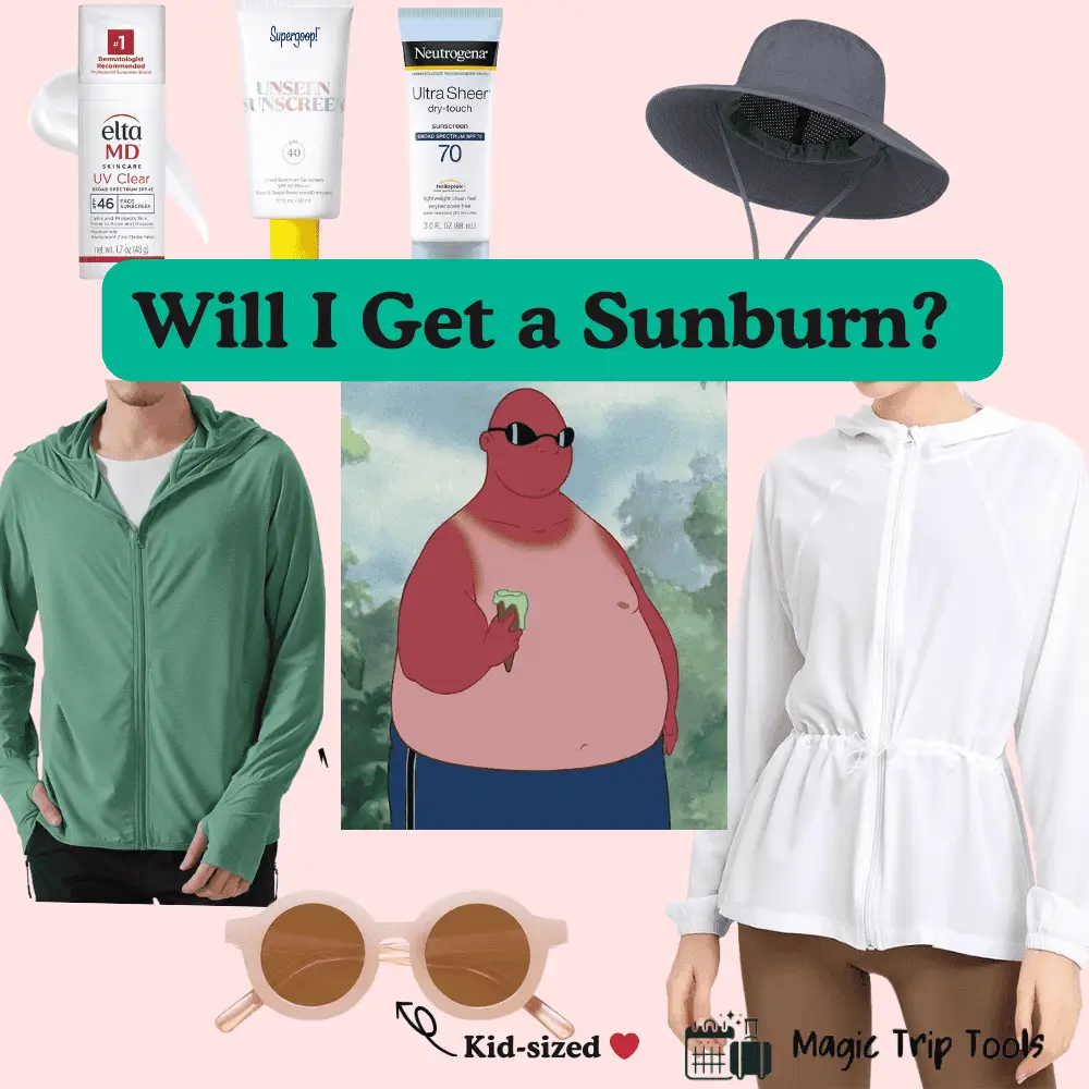 Will I get a sunburn at Disney World? Featuring sunscreen, sun hats, UV-protective clothing, and kid-sized sunglasses for staying protected under the Florida sun.