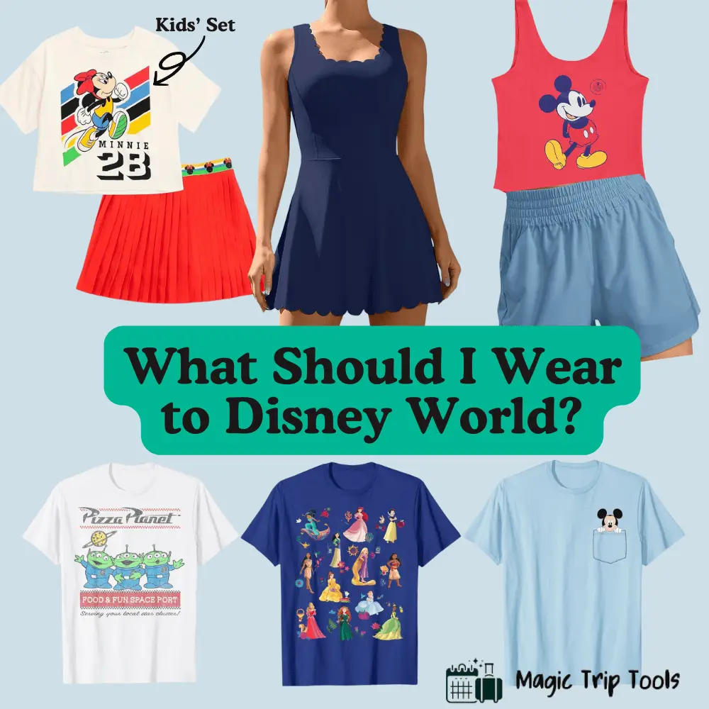 What to Wear to Disney World: Outfit ideas for women and kids including Minnie Mouse, Mickey Mouse, and Disney character shirts.