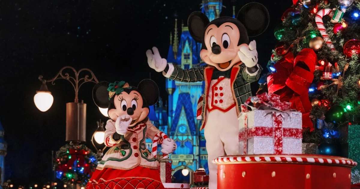 Mickey and Minnie on a float at the Christmas Party at Disney World